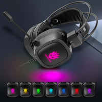 Gaming headset with microphone featuring RGB lighting and adjustable microphone for immersive gaming experience.