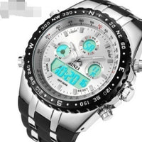 alt="Stylish men’s digital wristwatch with black strap and LED display"