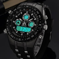 alt="Stylish men’s digital wristwatch with black strap and LED display"