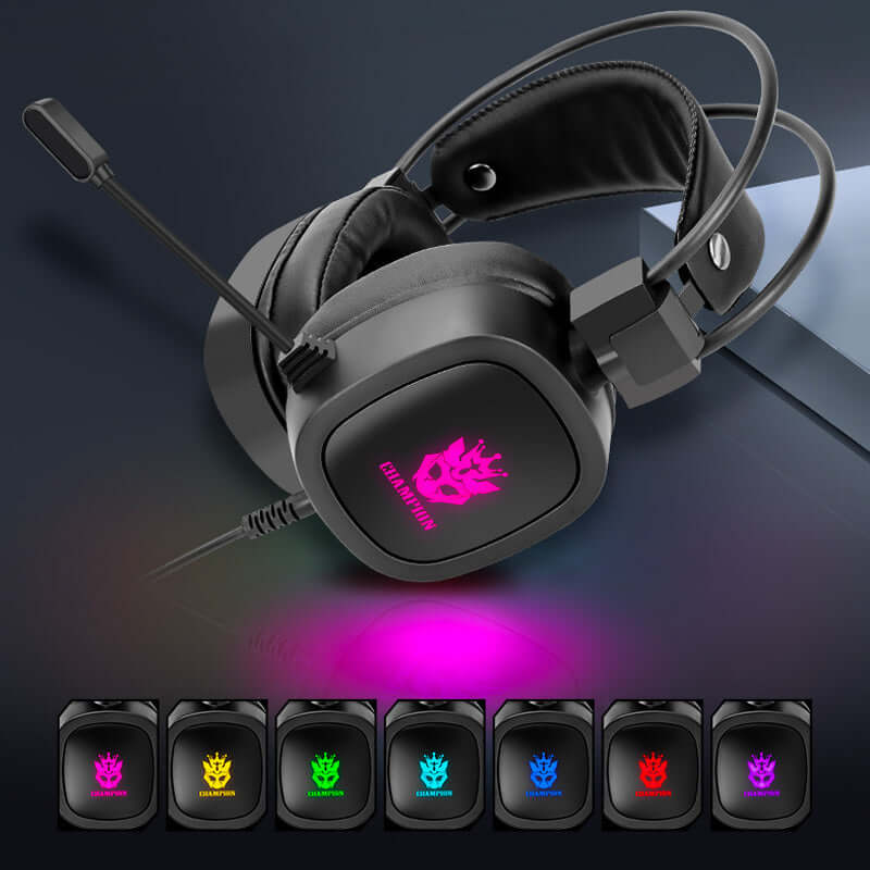 Gaming headset with microphone featuring RGB lighting and adjustable microphone for immersive gaming experience.