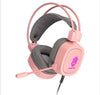 Gaming headset with microphone in stylish pink design, featuring adjustable ear cushions and boom mic for clear communication.