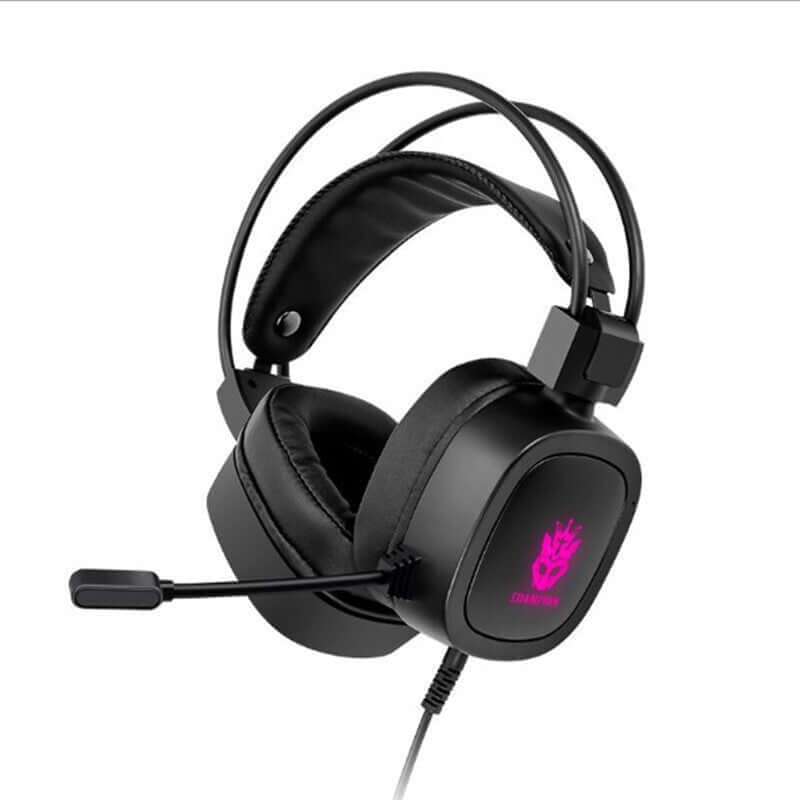 Gaming headset with microphone featuring powerful audio drivers and adjustable mic for immersive gaming experience.